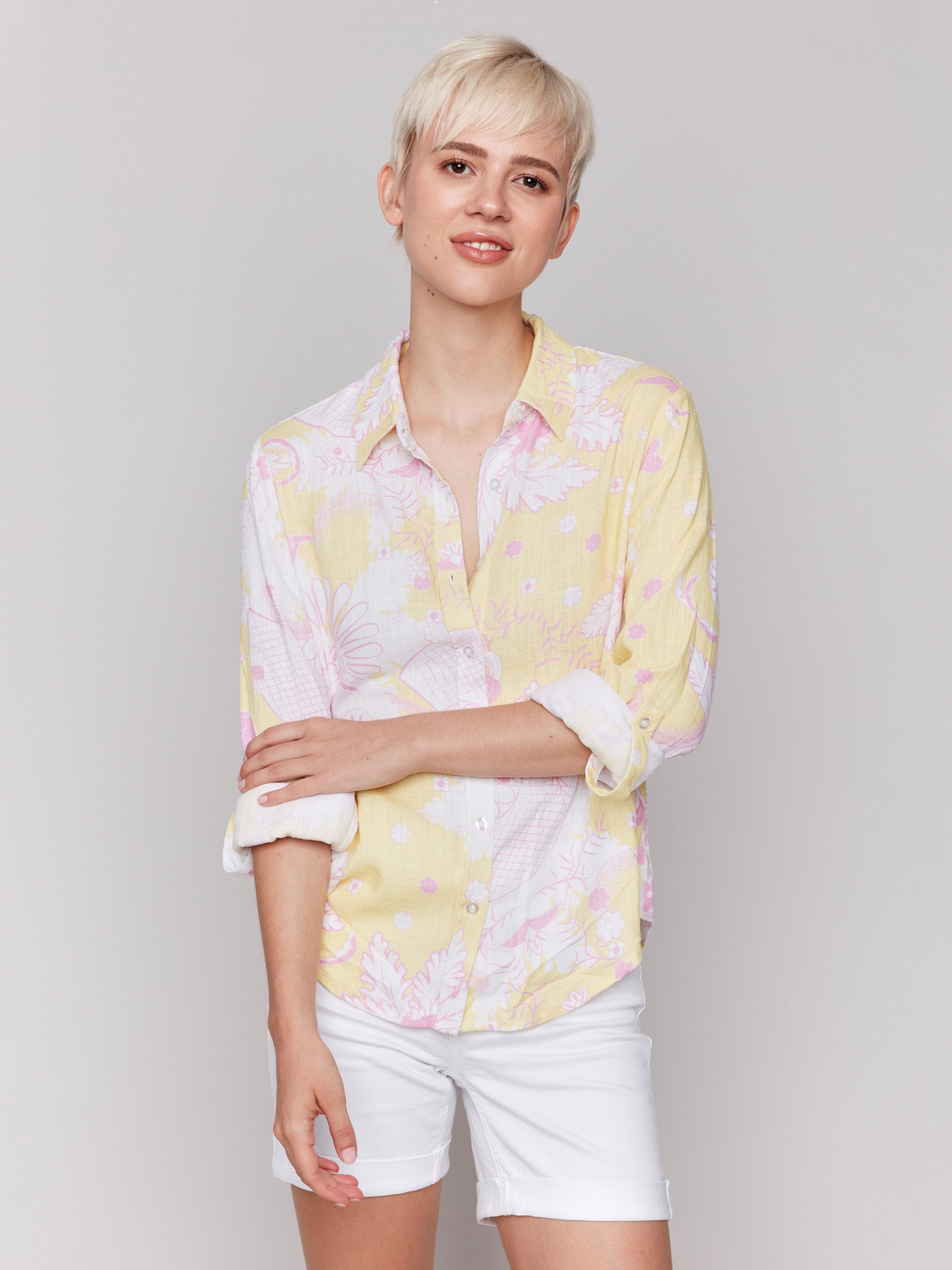 Yellow shirt featuring elegant wide cuffs by Charlie B.