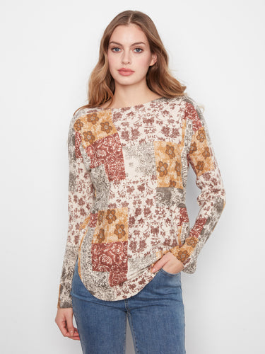 Elegant patchwork pattern with comfortable long sleeves for everyday wear. By Charlie B.
