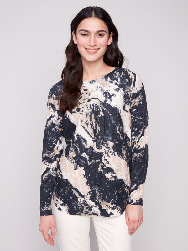 Granite sweater with abstract marbled print, featuring a stylish boat neck and ribbed sleeves for added texture by Charlie B.