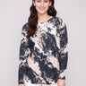 Granite sweater with abstract marbled print, featuring a stylish boat neck and ribbed sleeves for added texture by Charlie B.