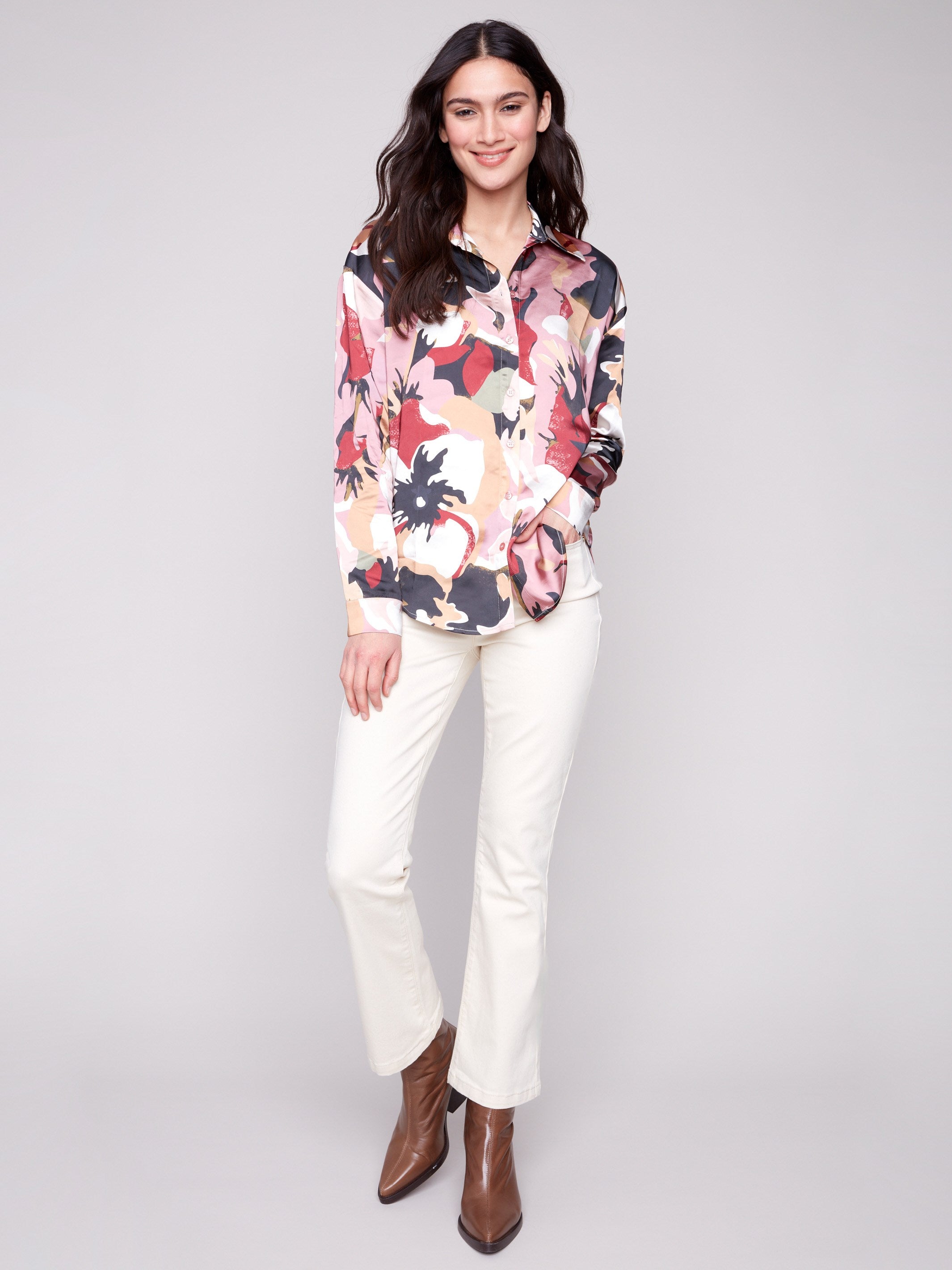 Chic satin shirt showcasing a unique print and comfortable relaxed fit by Charlie B.