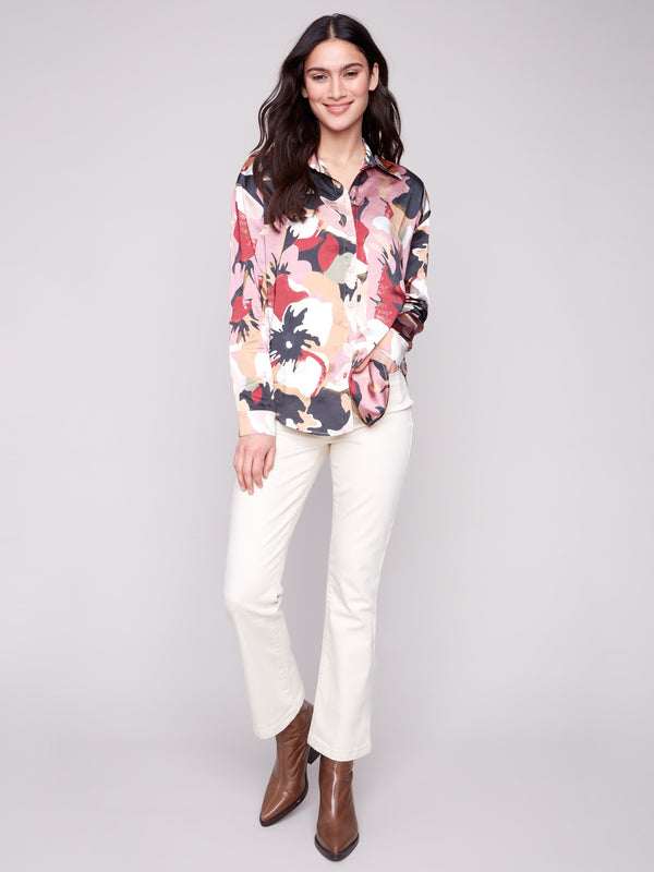 Chic satin shirt showcasing a unique print and comfortable relaxed fit by Charlie B.