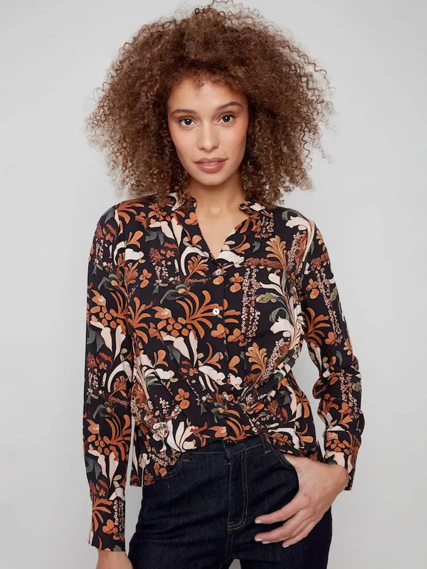 Chemise imprimée en viscose boutonnée avec devant torsadé - Batik