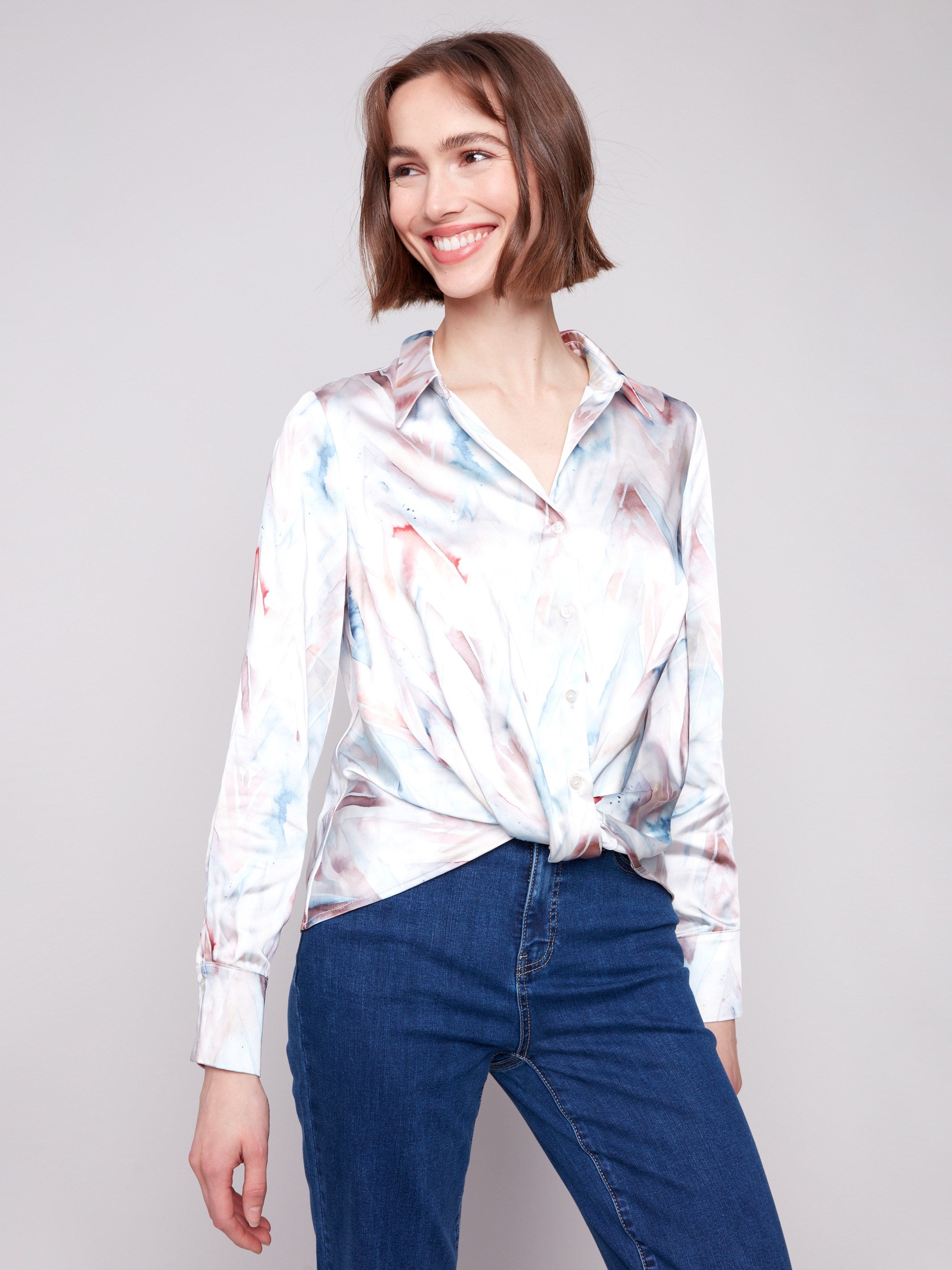Satin shirt with a soft sheen and elegant twisted front detail, featuring luxurious satin fabric by Charlie B.