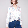 Satin shirt with a soft sheen and elegant twisted front detail, featuring luxurious satin fabric by Charlie B.