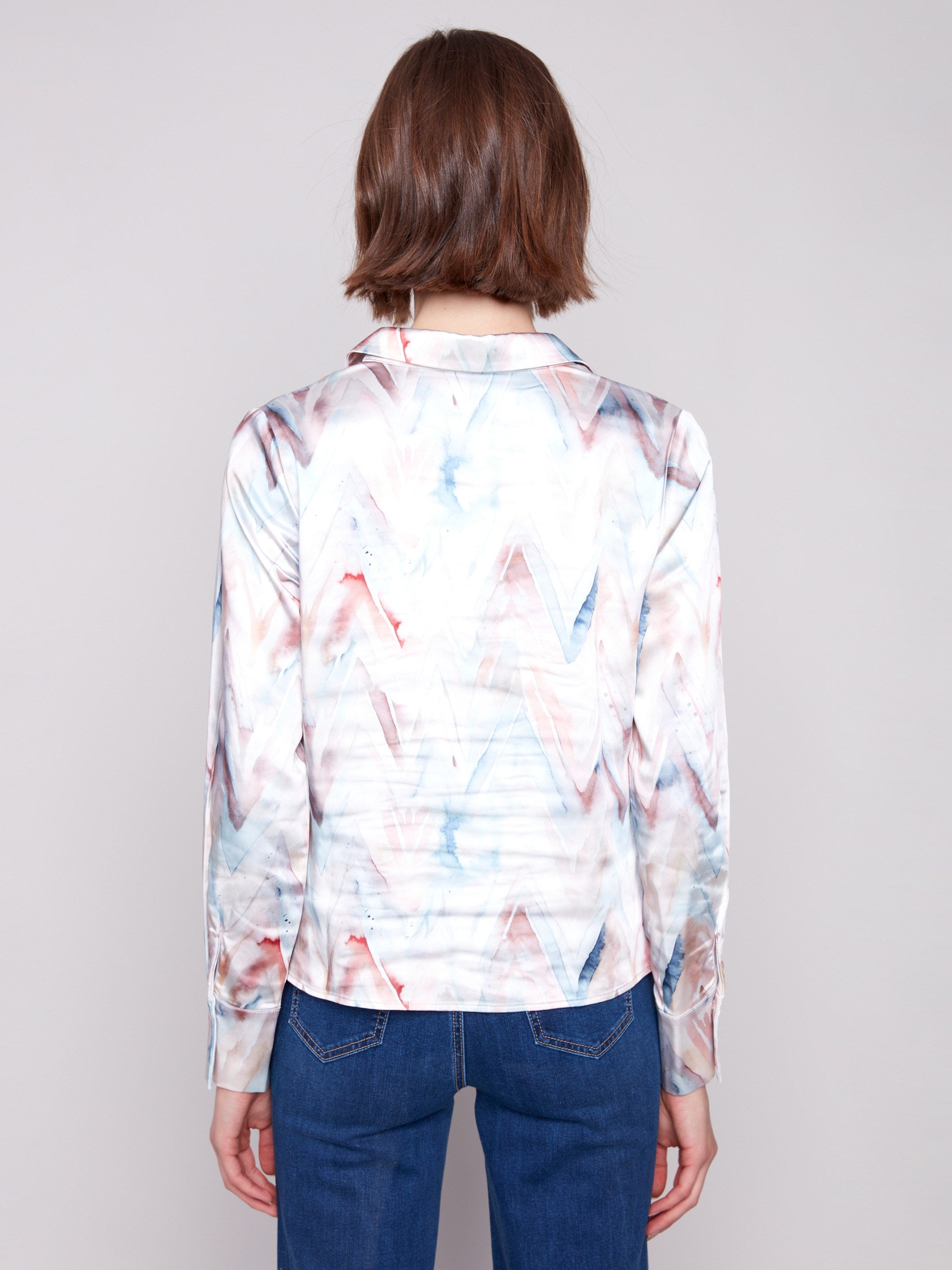 Stylish satin button-down shirt with classic collar design in soft sheen fabric by Charlie B.