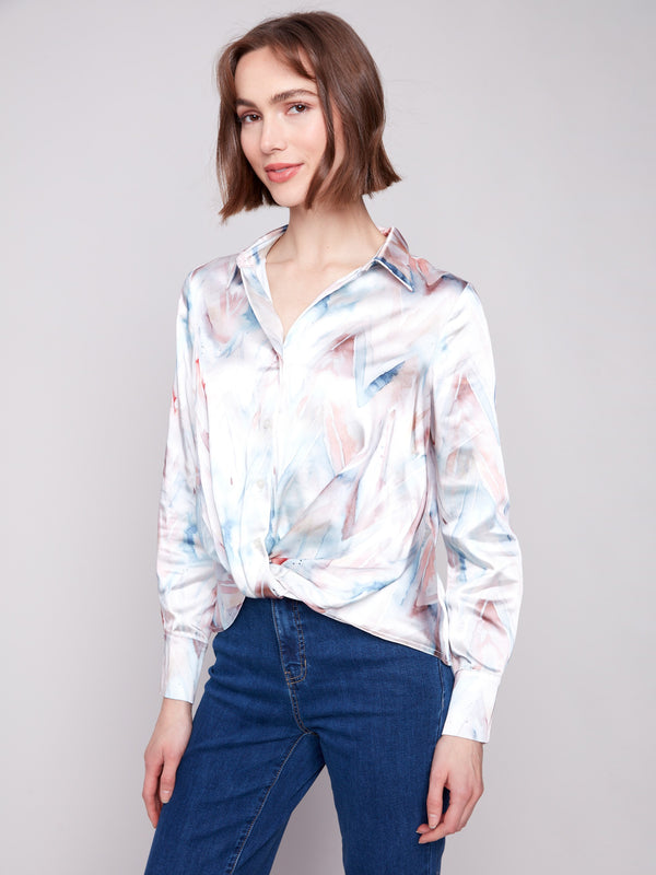 Chevron print satin shirt showcasing exquisite craftsmanship and twisted front style by Charlie B.