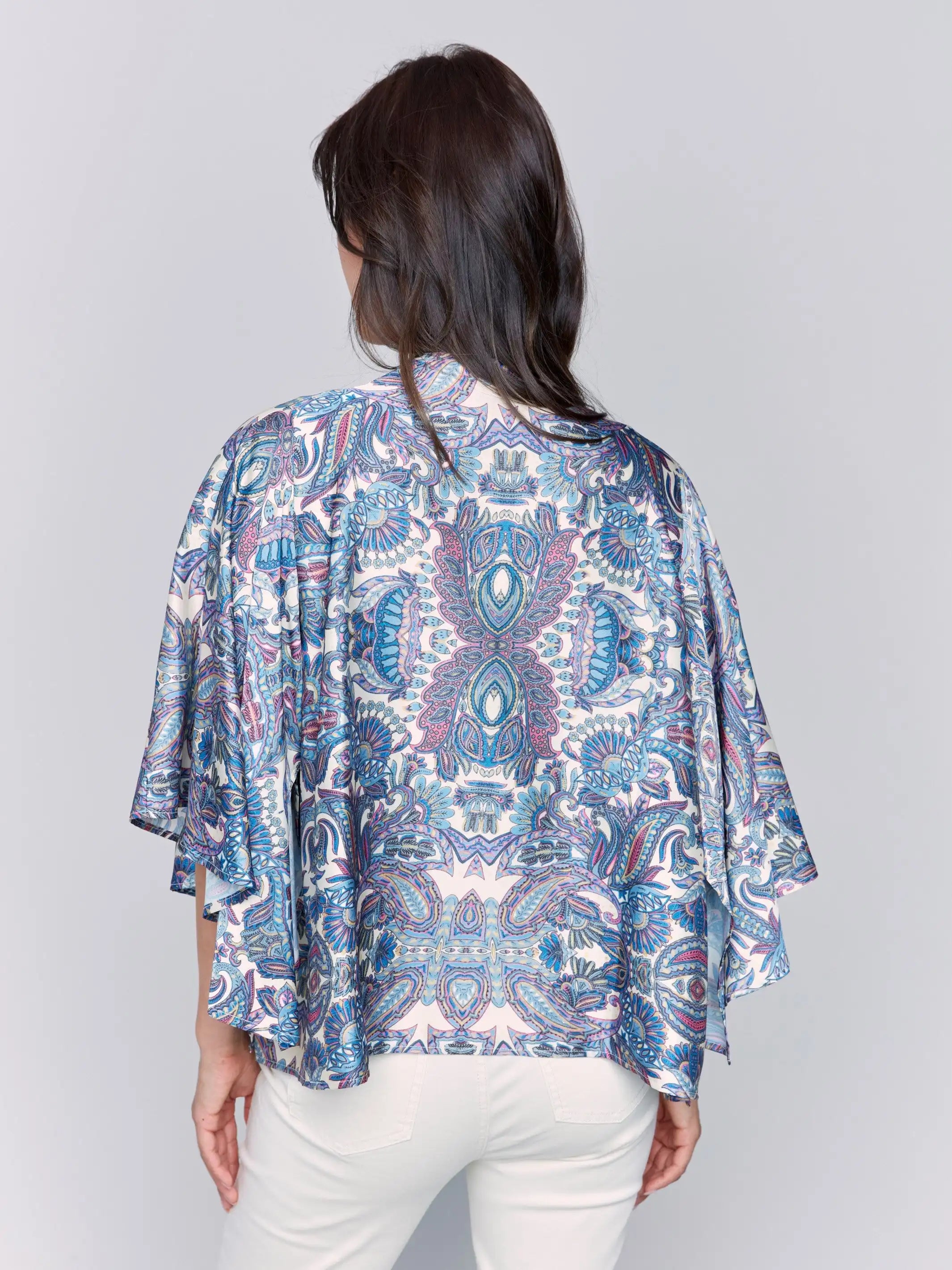 Kimono featuring longer front hem and paisley pattern by Charlie B.