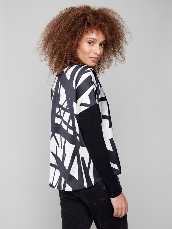 Black and cream abstract patterned top with drop shoulders for a relaxed fit by Charlie B.