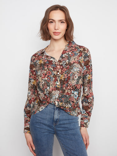 Floral blouse with a classic shirt collar, featuring a mix of vibrant colors and patterns for a chic look by Charlie B.