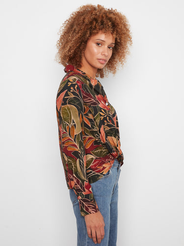 Elegant button-front closure enhances the versatility of this eye-catching floral top by Charlie B.
