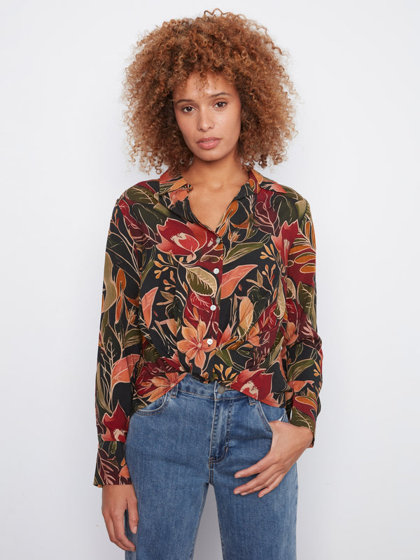Chemise imprimée avec devant torsadé - Corbeau