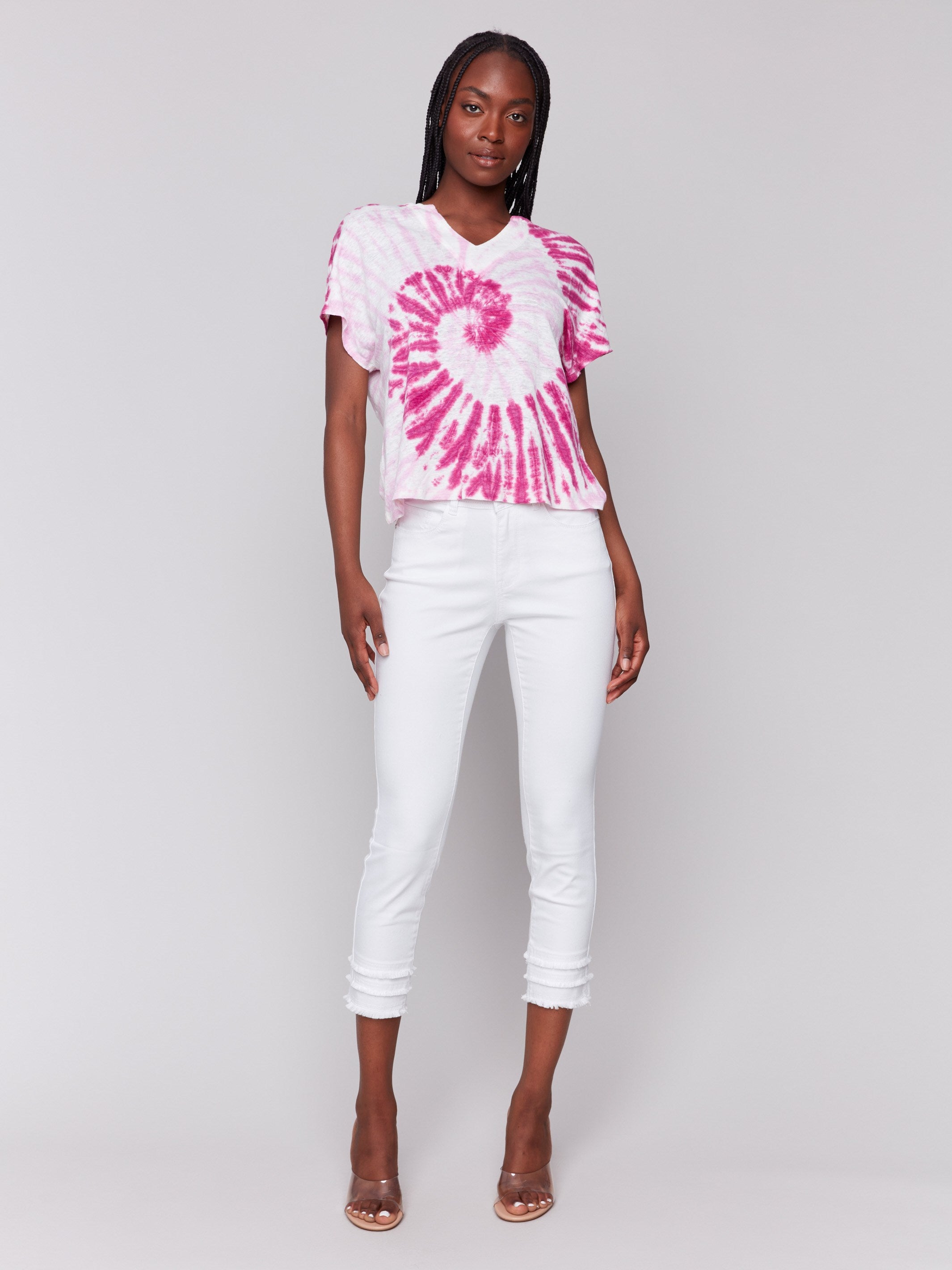 Tie-dye dolman top highlighting short sleeves and relaxed fit by Charlie B.