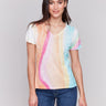 Linen-cotton blend sweater in a vibrant rainbow pattern, ideal for a casual day by Charlie B.
