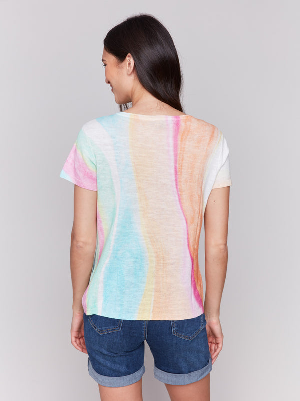 Short sleeve sweater with a striking rainbow print, crafted for comfort and style by Charlie B.