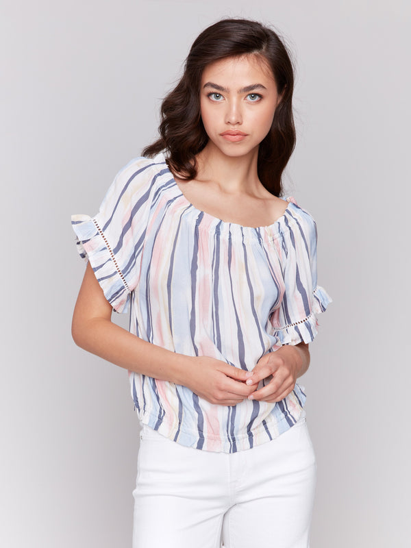 Round-neckline striped peasant top in vivid colors by Charlie B.