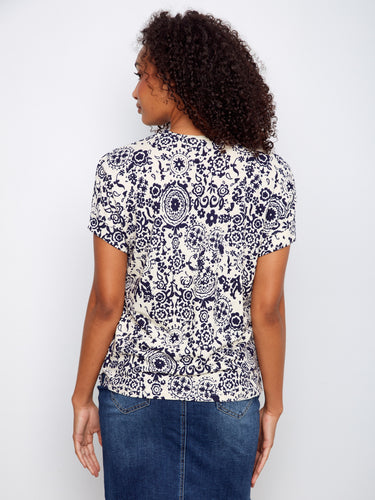 Casual yet sophisticated floral printed top in a comfortable linen blend, designed with attention to detail by Charlie B.