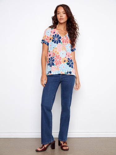 Chic floral V-neck t-shirt crafted in a soft linen blend, ideal for adding a pop of color to any wardrobe by Charlie B.