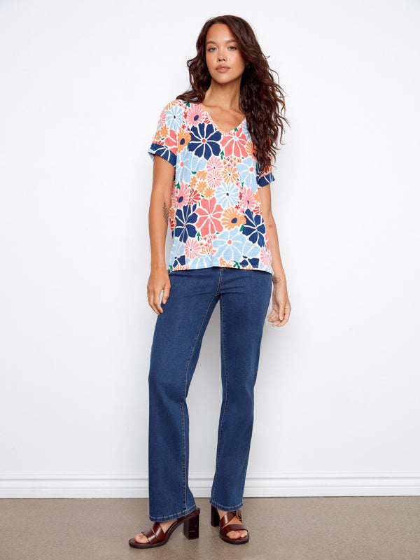 Printed Short Sleeve V-Neck T-Shirt - Multicolor