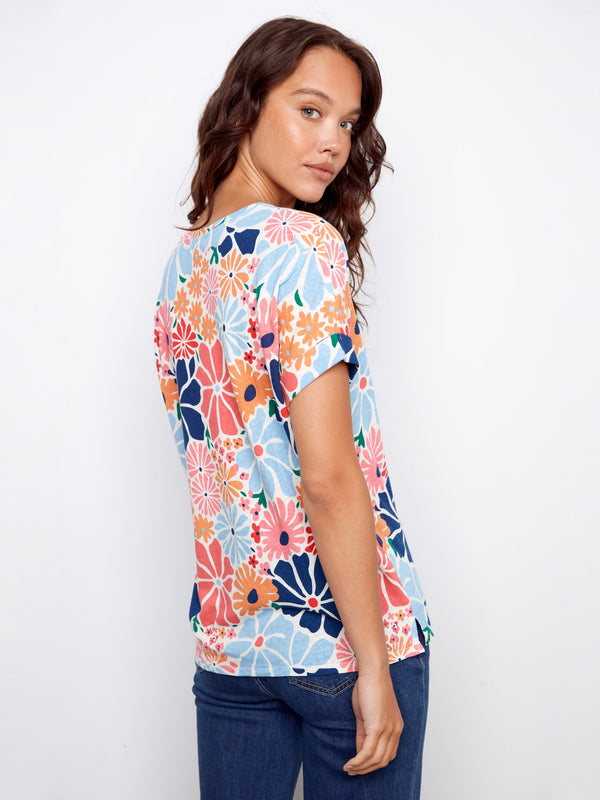 Printed Short Sleeve V-Neck T-Shirt - Multicolor