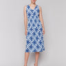 Blue and white mosaic print dress with a ruched empire waist by Charlie B.