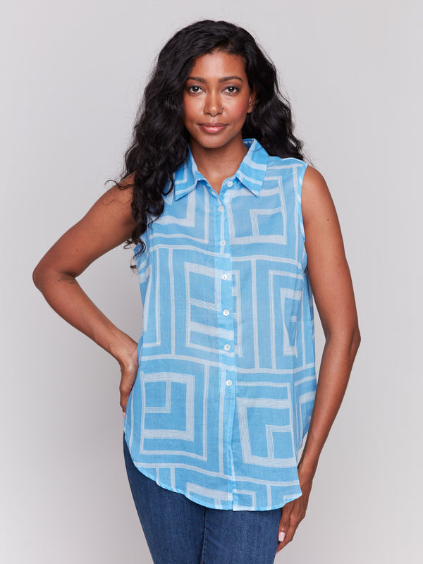 Chic and modern geometric print on shirt by Charlie B.