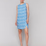Linen blend dress with a crew neck and blue geometric print, ideal for warm days by Charlie B.