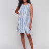 Knee-length linen blend dress with a blue stripe pattern by Charlie B.