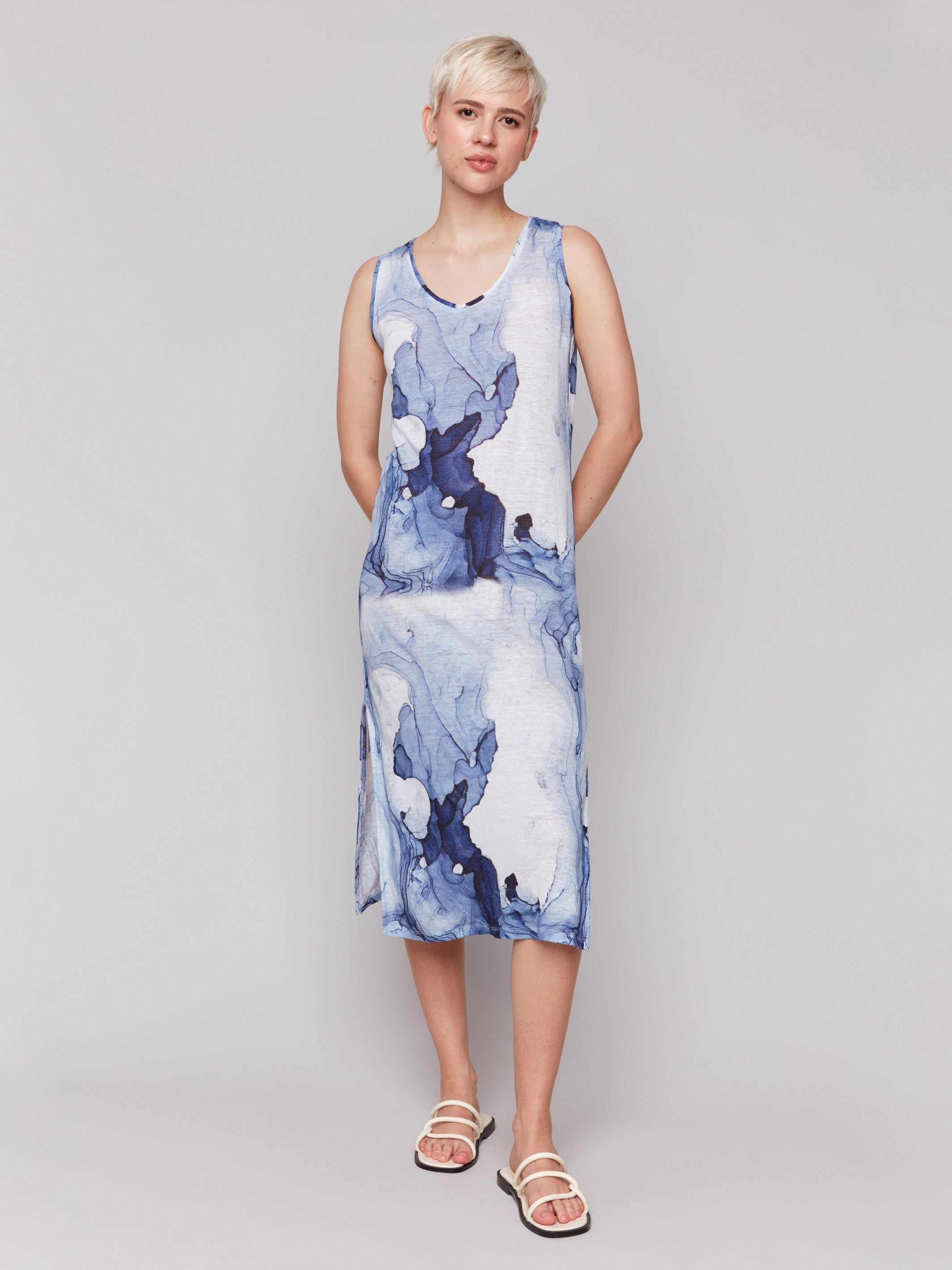 Linen blend dress with a midi length and abstract ink design by Charlie B.