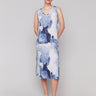 Linen blend dress with a midi length and abstract ink design by Charlie B.