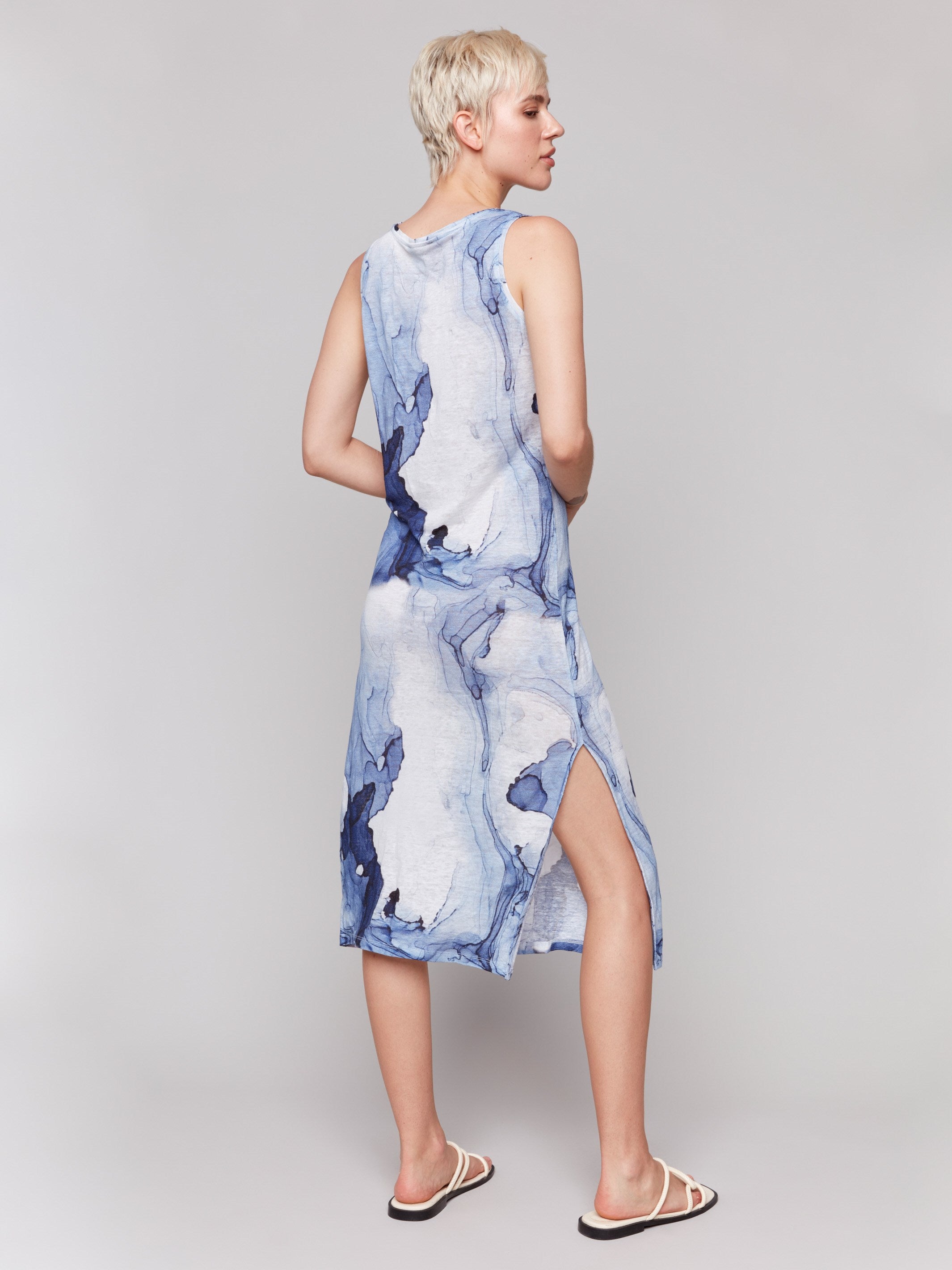 Abstract print dress with V neckline, crafted from linen blend by Charlie B.
