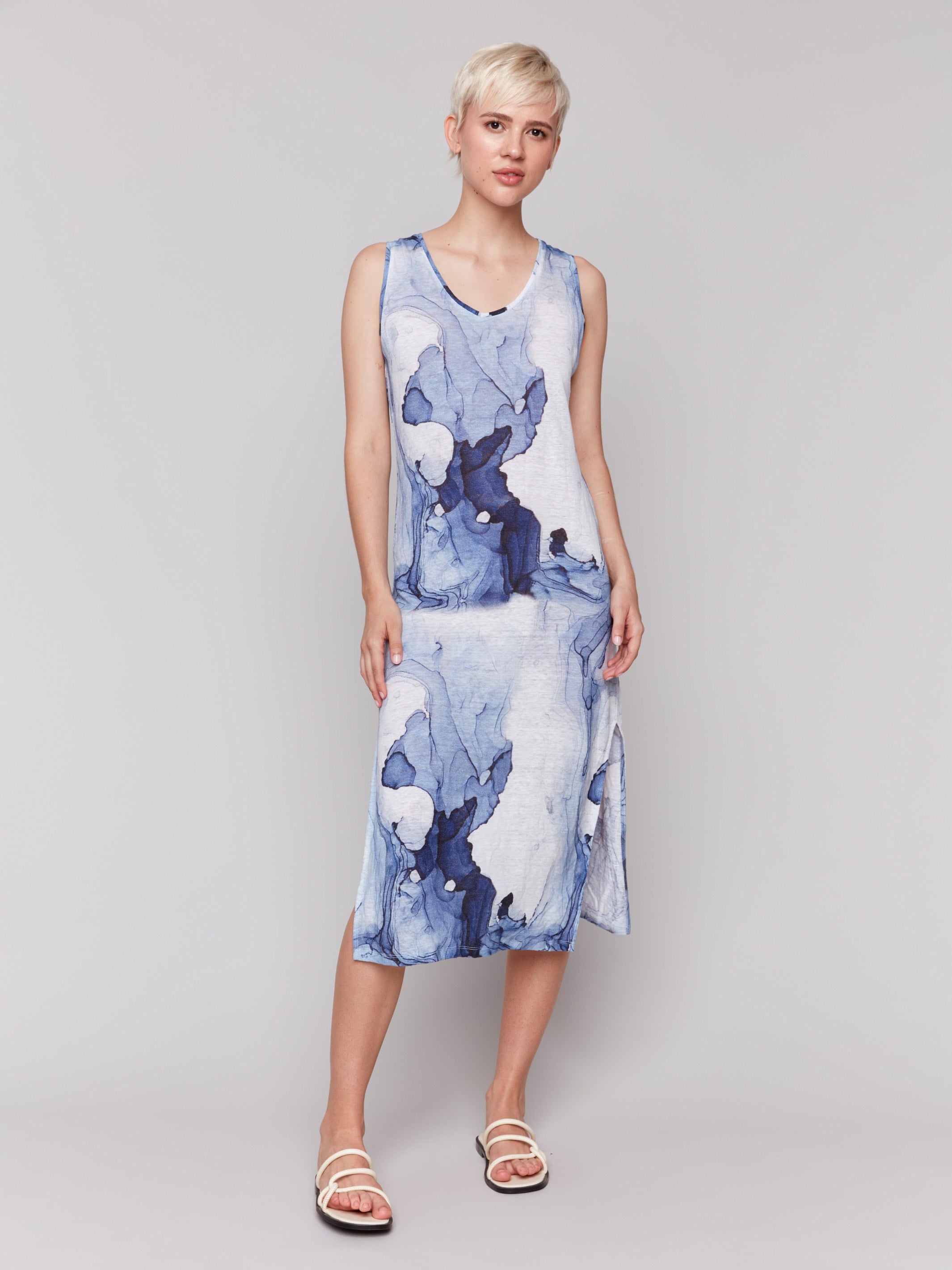Elegant linen dress showcasing side slits and artistic ink print by Charlie B.