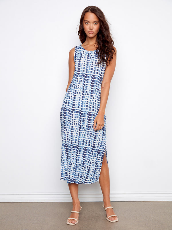Robe sans manches en mélange de lin imprimé avec fentes latérales - Zigzag