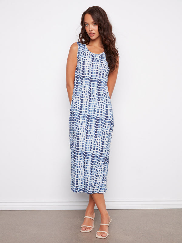 Robe sans manches en mélange de lin imprimé avec fentes latérales - Zigzag