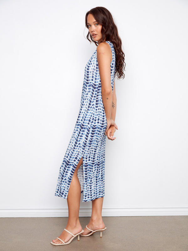 Robe sans manches en mélange de lin imprimé avec fentes latérales - Zigzag