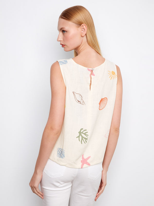 Printed Sleeveless Linen Blend Top With Drawcord - Ocean