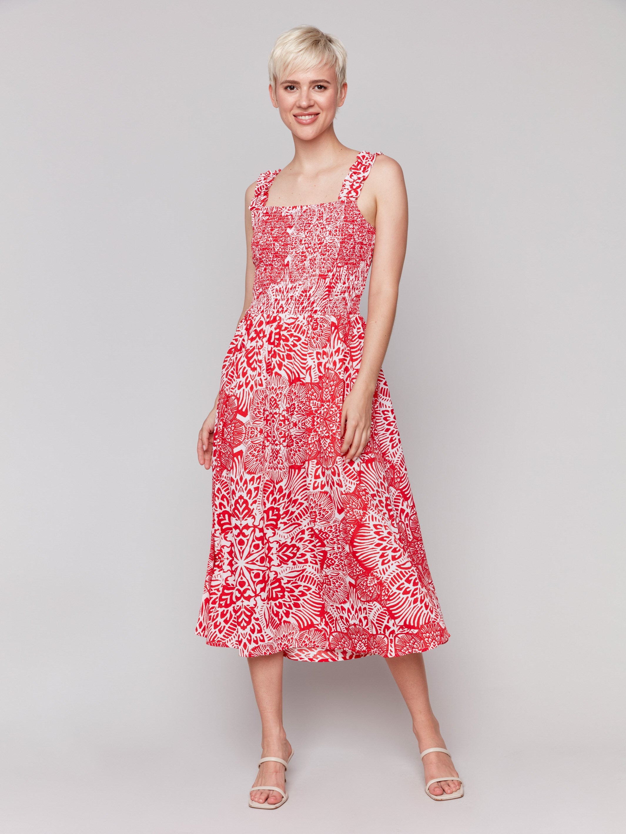 Red and white printed dress with midi length by Charlie B.