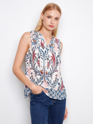 Mosaic print top with a stylish v-neck and sleeveless cut, perfect for casual outings by Charlie B.