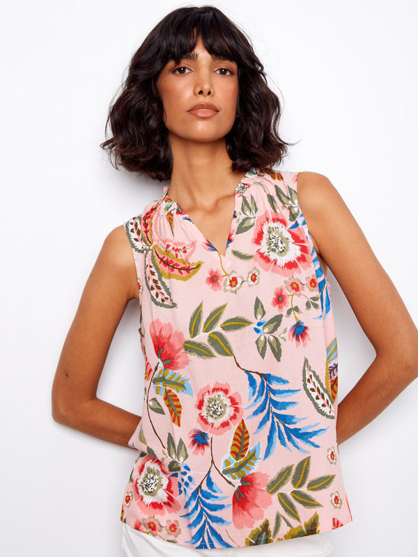 Printed Sleeveless Ruffle Neck Top - Gardenia