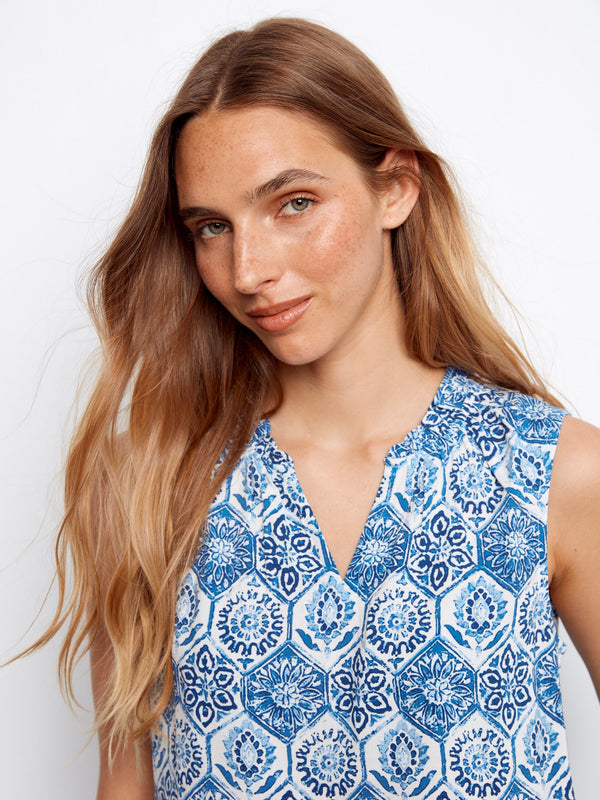 Printed Sleeveless Ruffle Neck Top - Mosaic
