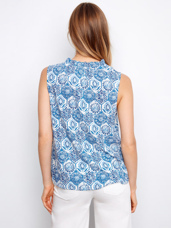 Printed Sleeveless Ruffle Neck Top - Mosaic