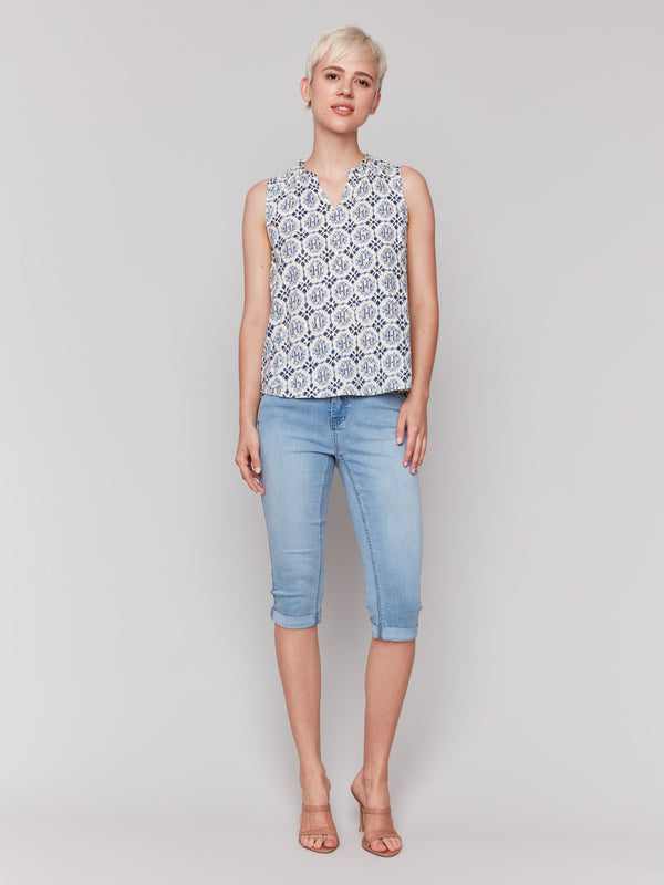Stylish ornament print and ruffle detail blouse by Charlie B.