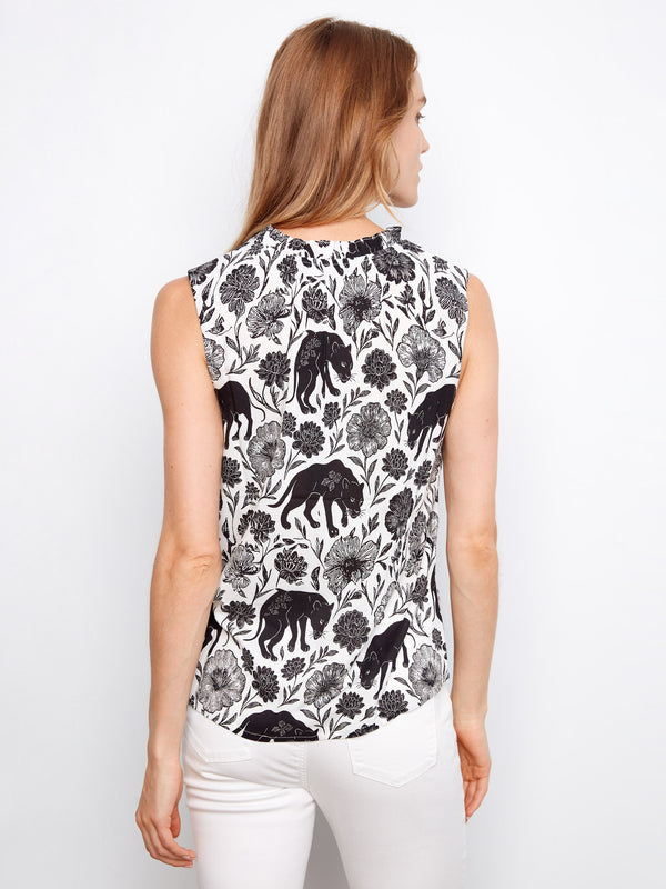 Printed Sleeveless Ruffle Neck Top - Wilderness