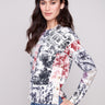 Sweater with an abstract Frame print, featuring a classic crew neck design and stylish side buttons by Charlie B.