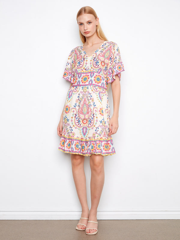 Printed V-Neck Flutter Sleeve Dress - Carnival