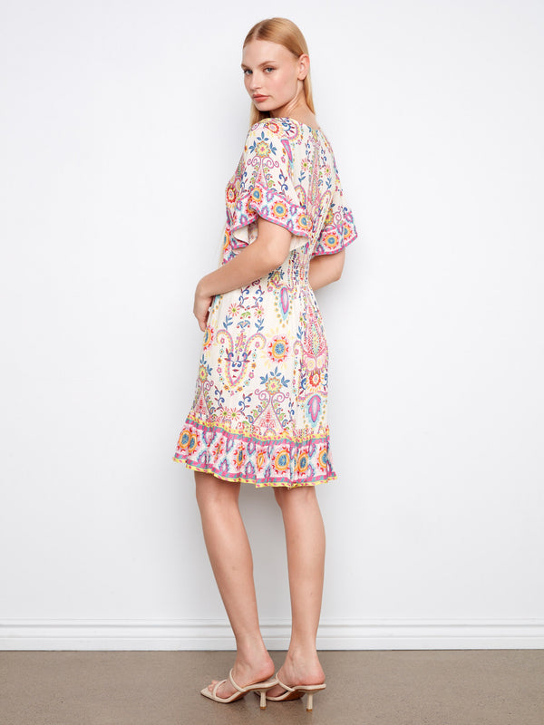 Printed V-Neck Flutter Sleeve Dress - Carnival