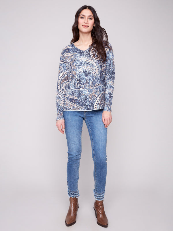 Sweater with a plushy yarn texture and colorful paisley pattern, showcasing a relaxed fit for ultimate comfort by Charlie B.