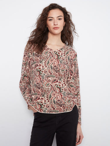 Patterned top with a V-neck design, perfect for casual outings. The paisley pattern adds a stylish touch to your wardrobe. By Charlie B.