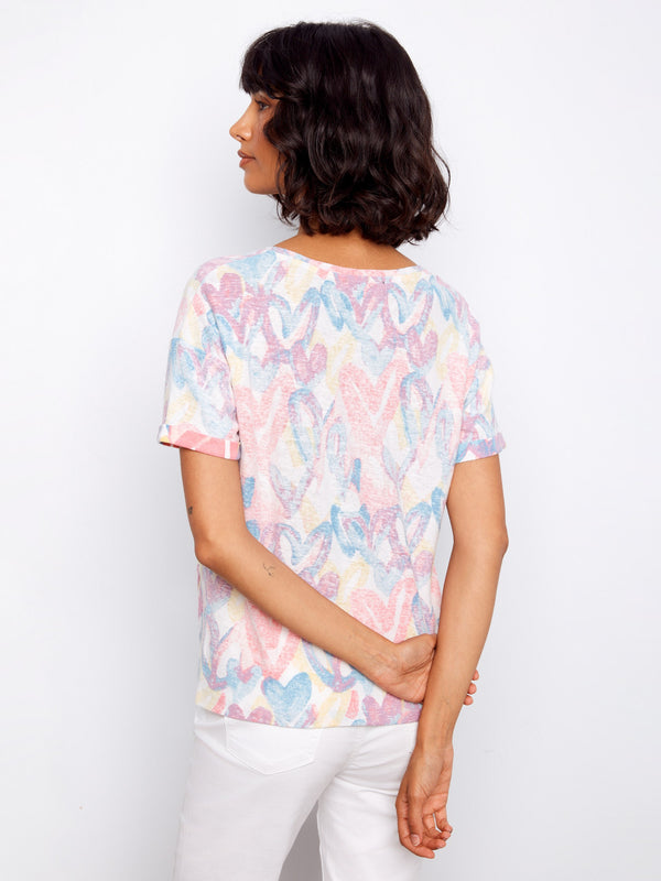 Printed V-Neck T-Shirt With Knot Detail - Rainbow