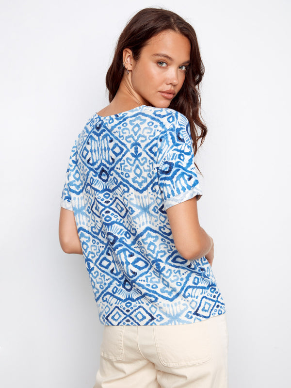 Printed V-Neck T-Shirt With Knot Detail - Border